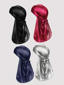 4 Pcs Men's Silk Durag With Elastic Band - Solid Color Fashionable Head Wrap For Casual Comfort,Breathable, Soft Unisex Pirate-Style Bandana Headwear Pirate Hat Pirate Costume,Breathable And Comfortable With Extra Long Tail For Waves, Running, Cycling, Hiking, Camping, Christmas Pirate Hat - 4Pcs - View 14