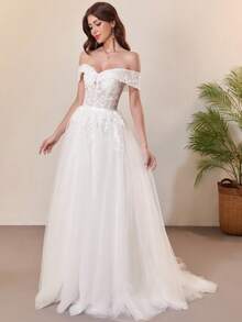 Vestido de novia con hombros descubiertos, decorado con encaje y perlas - Blanco - Ver 2