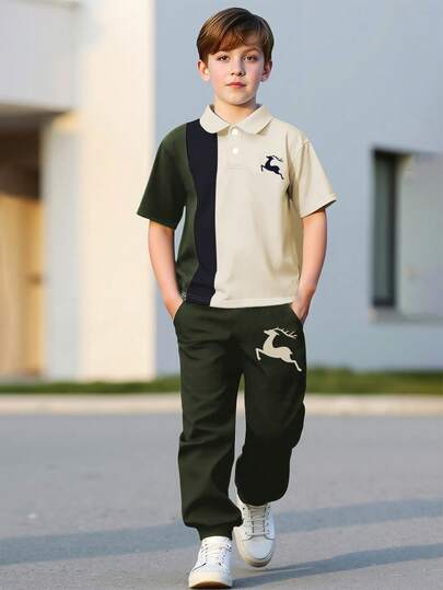 2 件套青少年男童夏季短袖 Polo 衫，带鹿印花和抽绳裤，休闲运动装