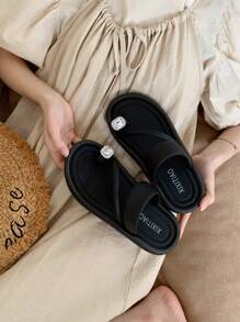 XIXITIAO Women's Outdoor Soft Bottom Square Rhinestone Decor Flip Flops, Beach Sandals, Non-Slip, Versatile Solid Color Thong Sandals. French Minimalist Style Flat Square Toe, Lightweight Comfortable Casual Home Slippers, Suitable For Beach/Outdoor/Slippers - Black Baguette Clip Toe - View 9