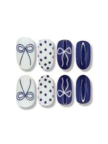 24 piezas. Pegatinas de uñas con relieve ovalado. Estilo dulce. Lunares azules con lazo. Adecuado para todas las estaciones (primavera, verano, otoño, invierno). Decoración de uñas ligera, producto de cuidado de uñas DIY. Adecuado para uso diario de niñas/mujeres. Adecuado para ocasiones como citas, vida diaria, fiestas, vuelta al colegio, etc. + 1 pegamento de gel + 1 lima de uñas para decorar las uñas y hacer arte de uñas DIY!