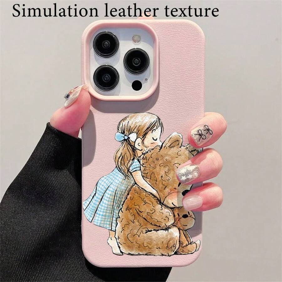 Cartoon Little Girl Teddy Bear Doll Pattern Fashionable Large Hole Pink Phone Case With Concave And Convex Texture On The Surface Of UV Printing Technology, 360 Degree All-Round Protection Compatible With Iphine 16 15 14 13 12 11 Series Smartphones Birthday Gift - 粉色 - 查看 1