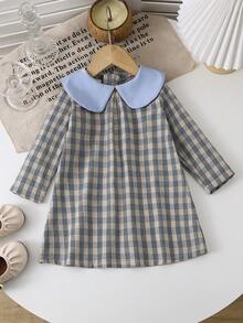 年轻女孩格子领长袖中长连衣裙，时尚优雅，适合日常外出、度假、聚会、秋冬 - 藍色 - 查看 1