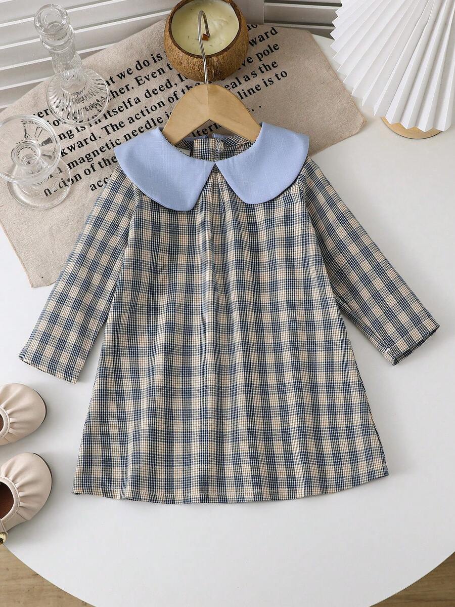年轻女孩格子领长袖中长连衣裙，时尚优雅，适合日常外出、度假、聚会、秋冬 - 藍色 - 查看 1