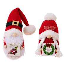 2pcs Christmas Decorations - Knitted Pom Pom Hat, Wooden Plaque Reindeer Figurine - Multicolor - View 5
