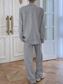 2pcs Solid Color Double-Breasted Faux Pocket Women's Suit Set, Suitable For Office And Daily Wear, All Seasons - 灰色 - 查看 3