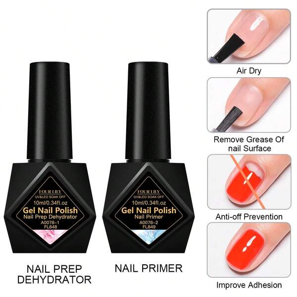 FOUR LILY FOUR LILY 1/2Pcs Nail Dehydrator And Primer, Acid Free Natural Nail Prep Dehydrator & Nail Primer Set, Bonding Primer For Acrylic Powder Nail Supplies Set, Without Acetone 10ml