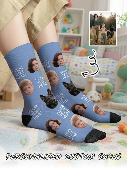 1 Pair Of Customized Face Children's Mid Tube Socks, Put Any Face On Socks,Boy And Girl, Personalized Socks For With Photos, Interesting Customized Picture Pairs With Medium To Long Socks, Suitable For Valentine's Day, Birthdays, Gift Giving