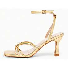 Women Square Open Toe Ankle Buckle Slingback Kitten Heels Summer Dress Sandals - 金色 - 查看 2