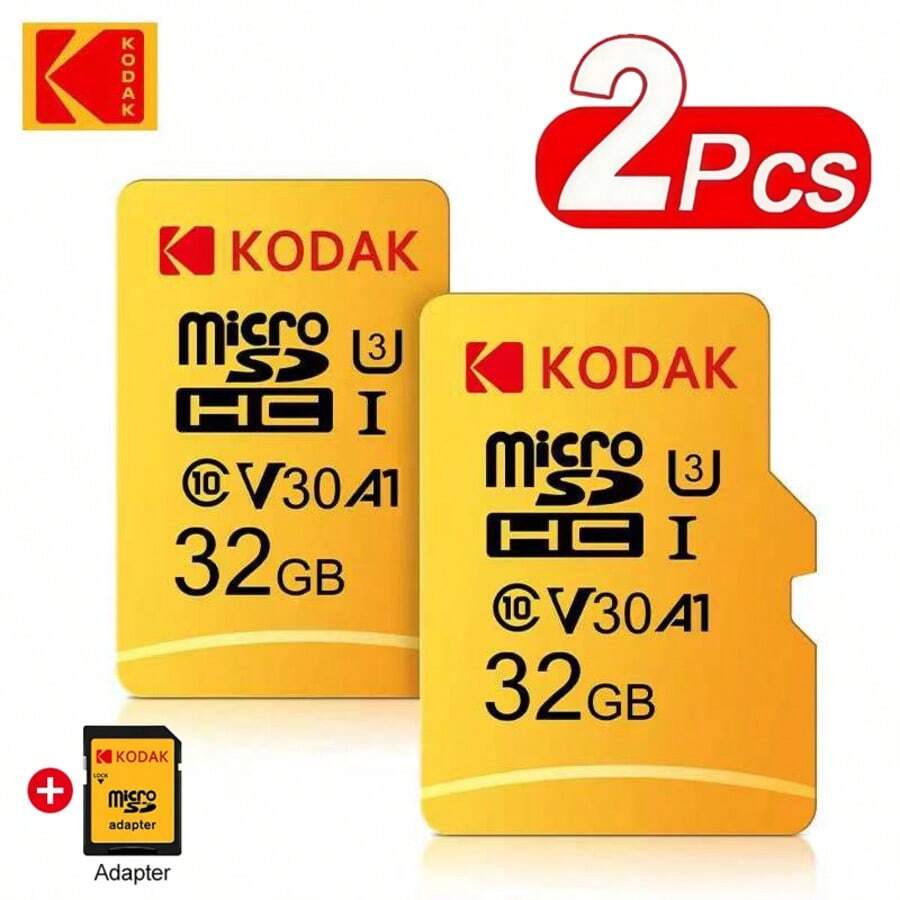 Kodak 2张柯达C10 Micro SD卡，32GB存储卡，兼容64GB、128GB，读写速度100MB/s，U3 V30 MicroSD卡，最大支持256GB，适用于相机、智能手机和电脑。