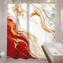 Abstract Marble Ombre Shower Curtain, 66x72 Inch,  Modern Aesthetic Luxury Texture Golden Crack Neutral Bathroom Decor With Hooks - B-紅 - 查看 5