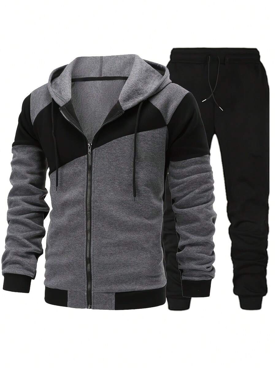 2-Piece Men's Autumn And Winter Sportswear Set - Fashionable Color Block Long-Sleeved Hooded Zipper Sports Jacket And Pure Salad Rope Jogging Pants, Comfortable And Breathable Fabric, Adjustable Belt, Suitable For Outdoor Sports,Colorblock    Spring/Fall    Regular Fit    Pocket  Zipper  Drawstring,The Size Is A Bit Small. It Is Recommended To Choose A Larger Size. - 灰色 - 查看 1