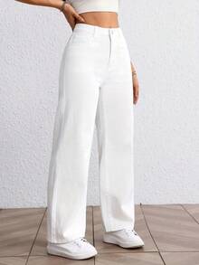 Women's Plus Size White High Waisted Straight Leg Wide Leg Jeans Machine Washable Casual Versatile European And American Style Pants - 白色 - 查看 5