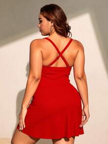 Swim Lushoire Plus Size Solid Color Swimsuit Dress, Fashionable For Summer - Red - View 2