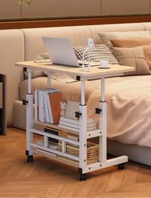 1pc Adjustable Height Sofa Side Table, Adjustable Bedside Table, 3 Tier Shelves Overbed Table With 360° Swivel Wheels 23.6-35.4in Height Adjustable Mobile Laptop Table Standing Rolling Bedside Table For Home Living Room Bedroom - 木紋 - 查看 5