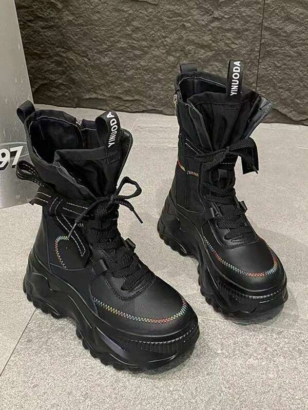 Tênis feminino casual de cor sólida, estilo preppy gótico, com cadarço e laço, perfeito para o dia a dia, festas, atividades ao ar livre, primavera/outono/inverno. Antiderrapante e com plataforma.