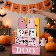 5Pcs Halloween Tiered Tray Decor Set Pink Small Ghost Wooden Blocks Table Decorations Signs