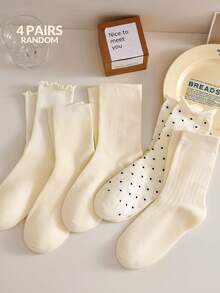 4 双女士可爱波尔卡圆点和荷叶边舒适休闲中筒袜，白色袜子，透气柔软，学校袜，日常袜子，颜色随机，适合日常穿着和外出，适合春夏秋冬 - 彩色 - 查看 13