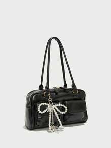 Black Fashion Motorcycle Style Shoulder Bag, Decorated With Pearl Bow And Metal Heart Pendant, Zipper Opening Design, Women's Shoulder Bag/Underarm Bag, Multi-Pocket Design, Suitable For Work And Commuting - View 3