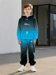 2pcs/Set Boys Gradient Print Hoodie And Sweatpants Set, Casual Fashion Knit Long Sleeve Top And Pants, Suitable For Spring, Autumn And Winter - Dusty Blue - View 2