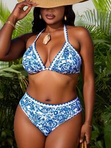 Slaydiva Plus Size Halter Neck Tied Back Allover Print Bikini Top And Bottom Swimwear Set Summer
