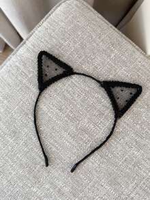 1pc Cute Lace Cat Ear Headband, Sexy Hollow Bunny Ear Headband For Christmas Party, Birthday Party, Daily Wear, Black