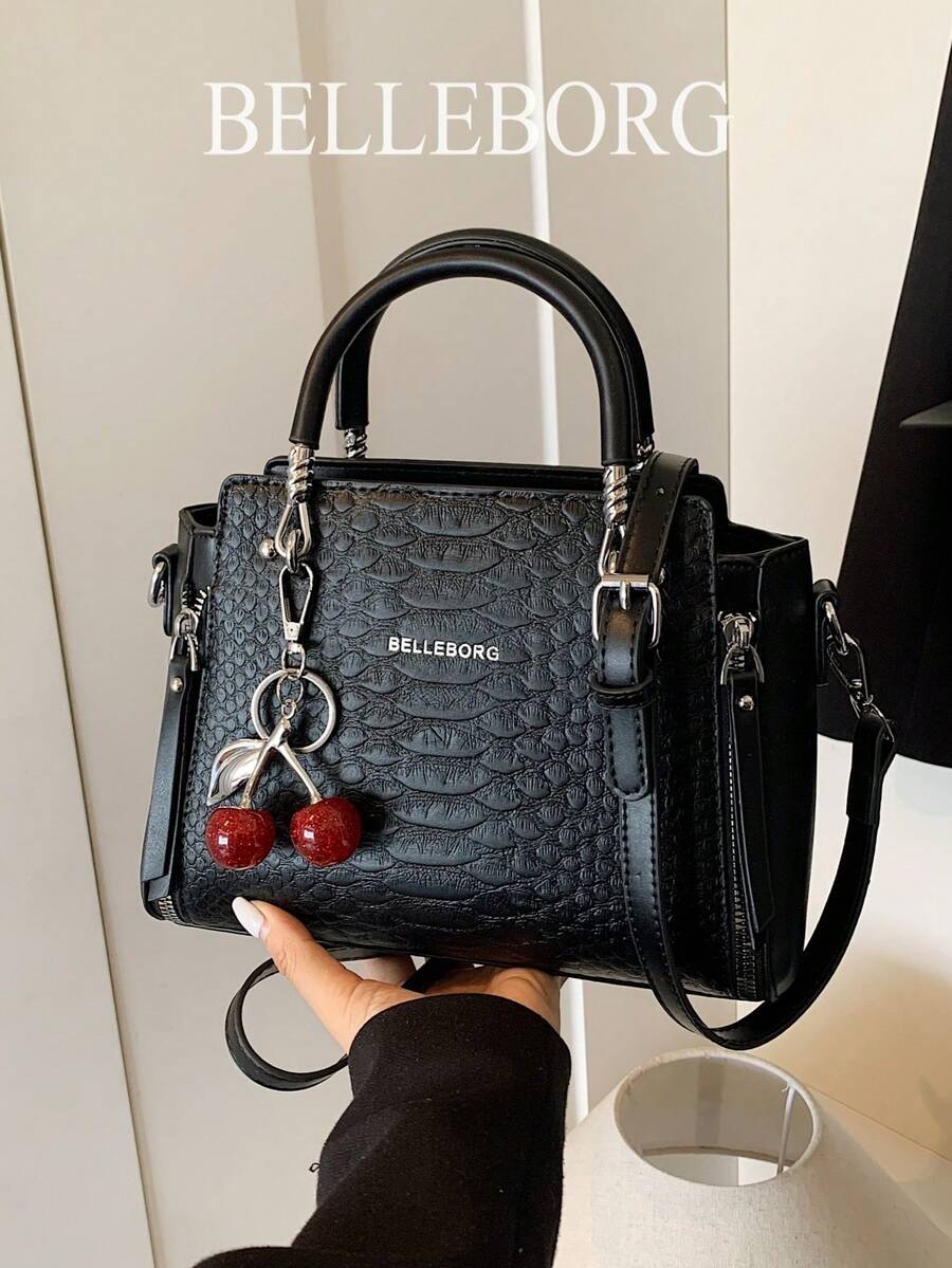 BELLEBORG 时尚通勤鳄鱼压纹女士手提包，带吊坠 - 黑色 - 查看 1