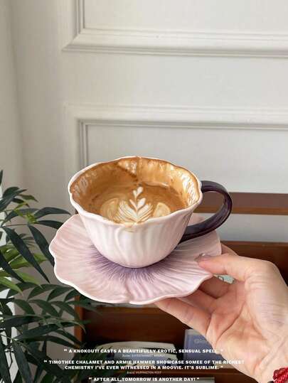 1 pezzo Tazza da caffè e piattino in ceramica vintage con fiore di ibisco viola, dipinta a mano con sottovernice, tazza da latte come regalo per il tè pomeridiano