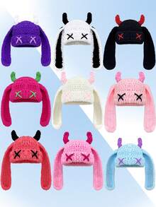 1pc Handmade Crochet Funny Devil Beanie Hat, Unique Street Style Warm Knit Cap For Women & Men, Couples Winter Women