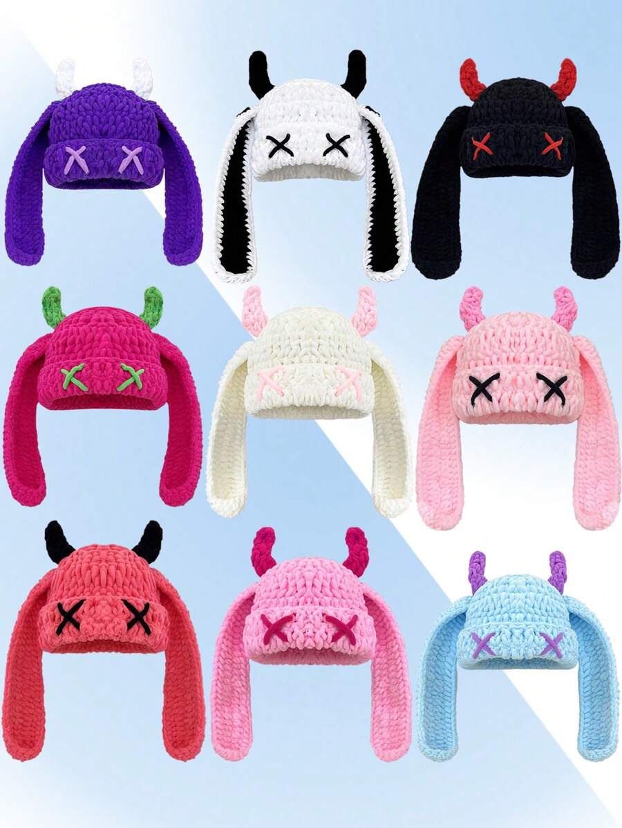 1pc Handmade Crochet Funny Devil Beanie Hat, Unique Street Style Warm Knit Cap For Women & Men, Couples Winter Women