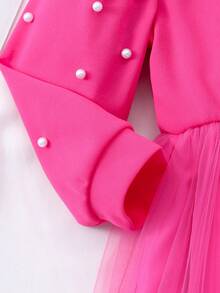 Girls Long Sleeve Collared Pearl Mesh Dress, Pink Party Dress, Children Formal Gown With Matching Bag, Elegant Wedding/Birthday Dress For Young Girls - Hot Pink - View 4
