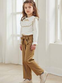 2pcs Young Girls Autumn French Cream Sweet Outfit: Ruffle Trim Top + Pants Set - Beige - View 1