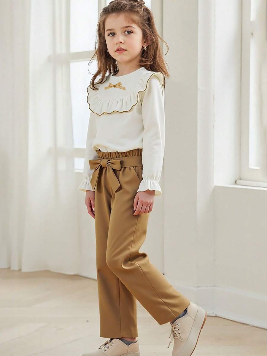 2pcs Young Girls Autumn French Cream Sweet Outfit: Ruffle Trim Top + Pants Set - Beige - View 1