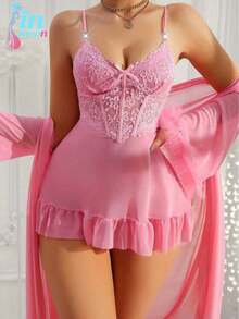 Women's Lingerie Set 2 Piece Lace Babydoll Chemise And  Robe Lace Sexy Pajama Sets Sleepwear Nightgown - Hồng - Xem 1