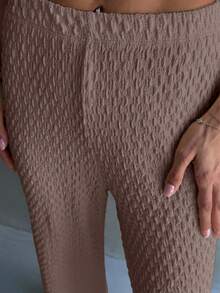 Pantalones anchos de pierna ancha de unicolor y textura casual y versátil - Marrón - Ver 3