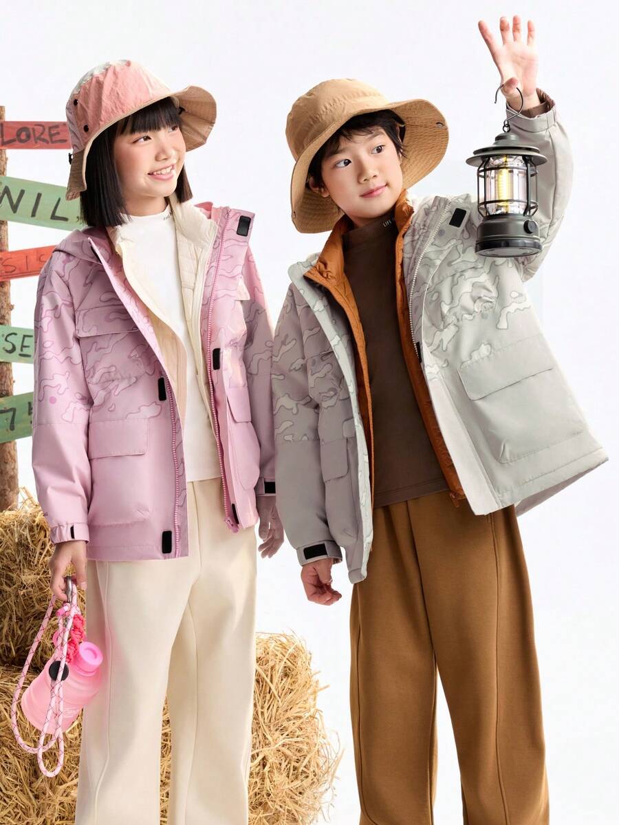 Annil 儿童服装女童女孩男童男孩成人青少年远红外加热长袖连帽风衣防寒保暖技术防风防静电迷彩纯色外套丝绒内衬