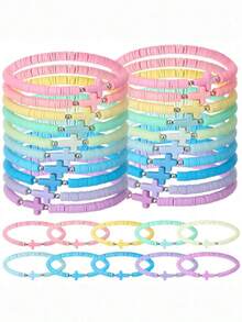 30Pcs Stylish Bohemian Coloured Soft Ceramic Cross Beaded Bracelet Set, Stackable Elastic Stretch Hand String Jewelry - For Men Women Daily Wear And Vacation - Multicolor - View 2