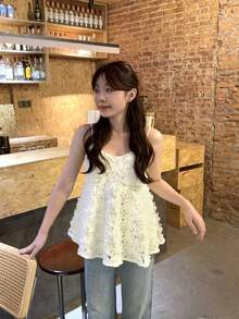 女士春季新品简约宽松优雅小众3D花卉无袖甜美吊带背心，夏季服装 - 杏色 - 查看 5