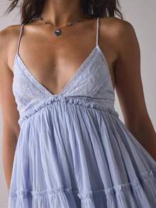 Women Lace Trim Mini Cami Dress Spaghetti Strap Square Neck Short Dress Boho Loose Flowy Backless Babydoll Dresses - 藍色 - 查看 3