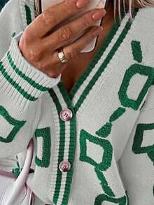 Women's Casual Letter Pattern V-Neck Single-Breasted Knitted Cardigan Sweater, Long Sleeve, Autumn/Winter