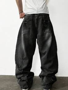 1pc Hearty Haven Distressed American Street Style Loose Fit Wide Leg Washed Denim Jeans For Men (No Belt & Accessories) - Black - View 2