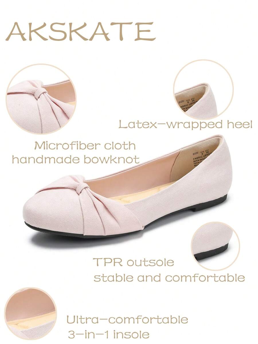 Women's Elegant Suede Ballet Flats With Bow Knot, Comfortable Breathable PU Lining, Slip-On Soft Sole Casual Shoes - 粉色 - 查看 1