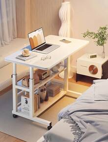 1pc Adjustable Height Sofa Side Table, Adjustable Bedside Table, 3 Tier Shelves Overbed Table With 360° Swivel Wheels 23.6-35.4in Height Adjustable Mobile Laptop Table Standing Rolling Bedside Table For Home Living Room Bedroom - 木紋 - 查看 9