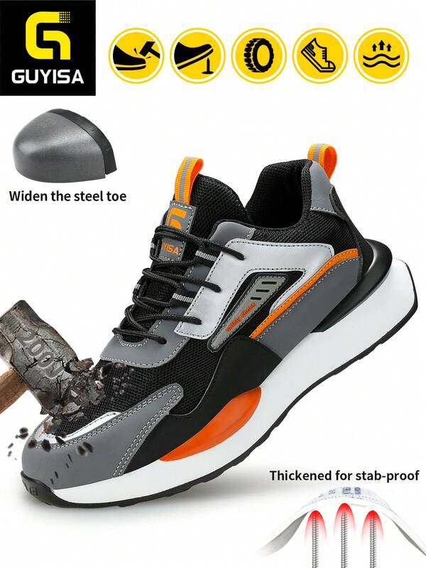 GUYISA Stahlkappen-Sicherheitsschuhe, stoß- und durchstichhemmend, modisches Patchwork-Gewebe, weich und leicht, für alle Jahreszeiten geeignet, funktionale Arbeitsschuhe, professionelle stoßfeste, stilvolle und funktionale Schuhe für Herren, bequem und sicher zu tragen