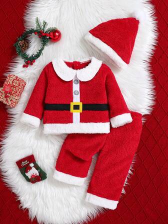 Infant & Toddler Boys' Christmas Outfit, Matching Santa Claus Design Long Sleeve Cardigan And Pants With Hat, Suitable For Outdoor