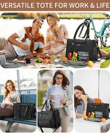 Lunch Tote Bag For Women, 15.6 Inch Laptop Work Bag With Insulated Lunch Box Compartment & Purse Large Capacity Quilted Computer Handbag For Office Business Work Nurse Teacher Moms Travel Casual - 藍色 - 查看 7