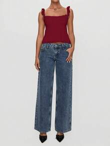 性感蕾丝设计，荷叶边肩带，蝴蝶结装饰，蕾丝拼接无袖上衣，春夏新款休闲装 - 酒紅色 - 查看 6