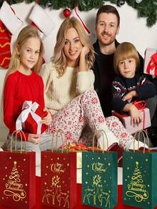 48 Christmas Gift Bags With Handles - Red And Green Reindeer And Christmas Tree Pattern, Large Foldable Wrinkle-Resistant Paper Party Gift Bags, Suitable For Holiday Shopping, Christmas Celebrations And New Year Events, Sturdy Paper Construction Christmas Bags