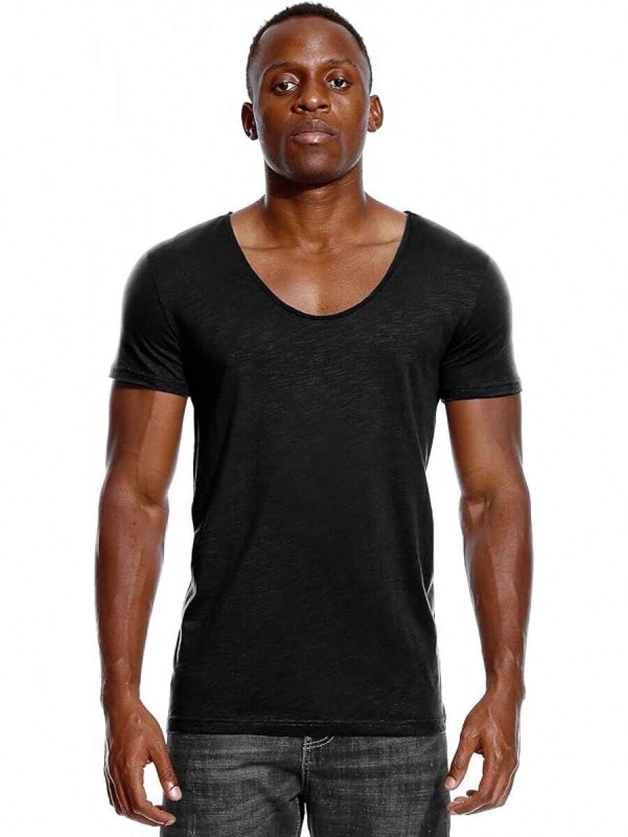 Deep V Neck T Shirt For Men Low Cut Scoop Tee Invisible Tshirt Vee Top - 黑色 - 查看 1