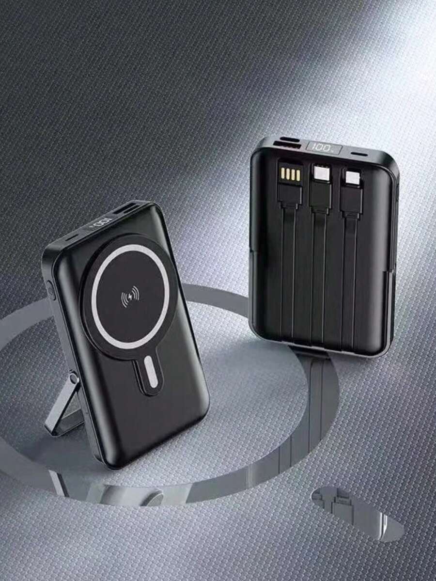 10000mAh Magnetic Power Bank With 3 Built-In Cables And Kickstand, PD Fast Charging, 22.5W - Black - View 1